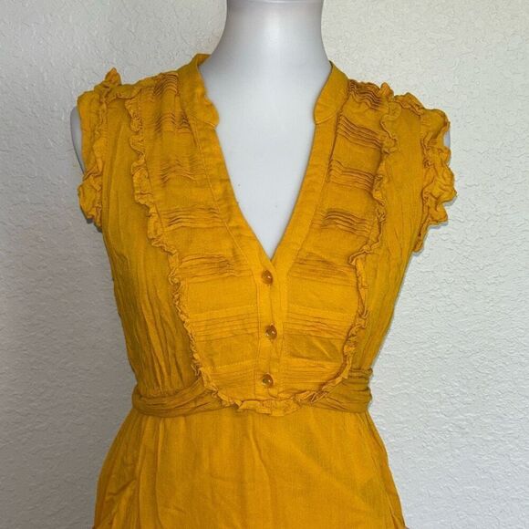 Odille x Anthropologie mustard yellow ruffled dress Sz 2 BOHO - Picture 2 of 10